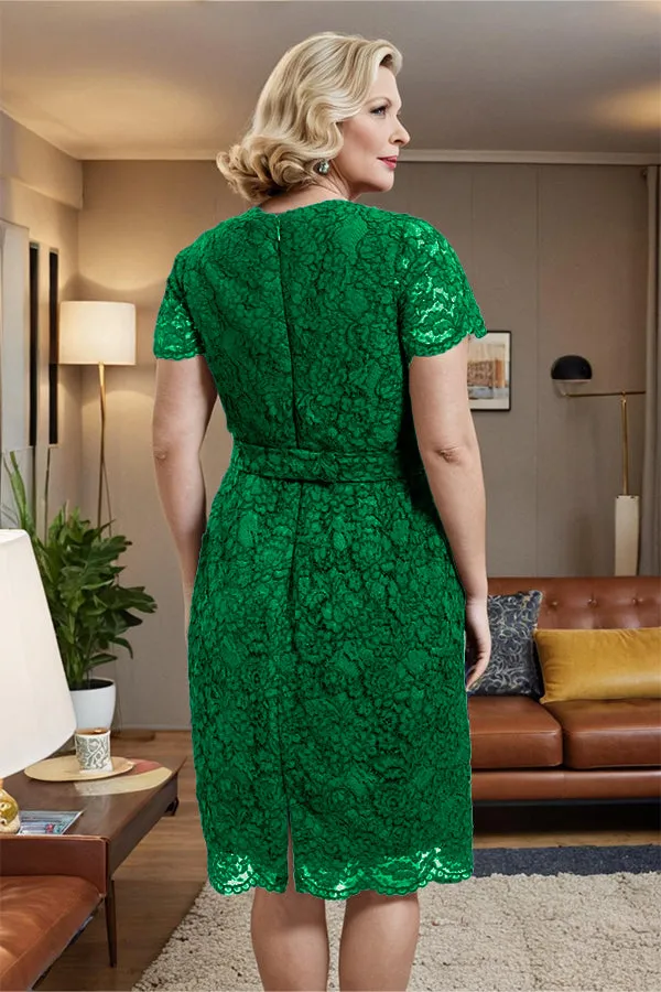 V-neck Short Sleeves Lace Mother of the Bride Dress with Belt