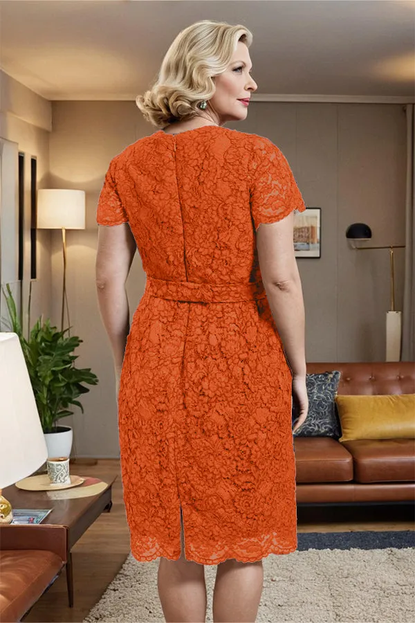 V-neck Short Sleeves Lace Mother of the Bride Dress with Belt