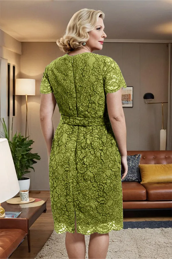 V-neck Short Sleeves Lace Mother of the Bride Dress with Belt
