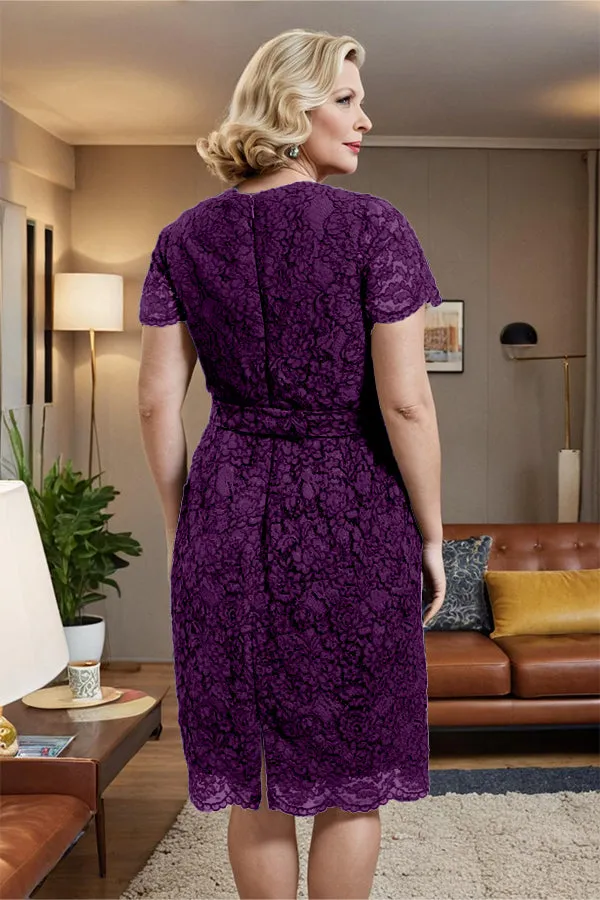 V-neck Short Sleeves Lace Mother of the Bride Dress with Belt
