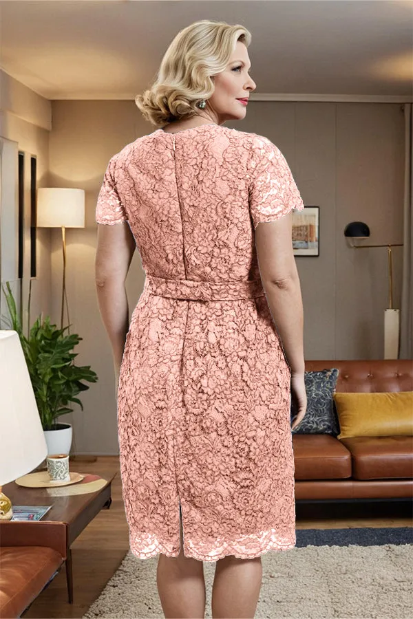 V-neck Short Sleeves Lace Mother of the Bride Dress with Belt