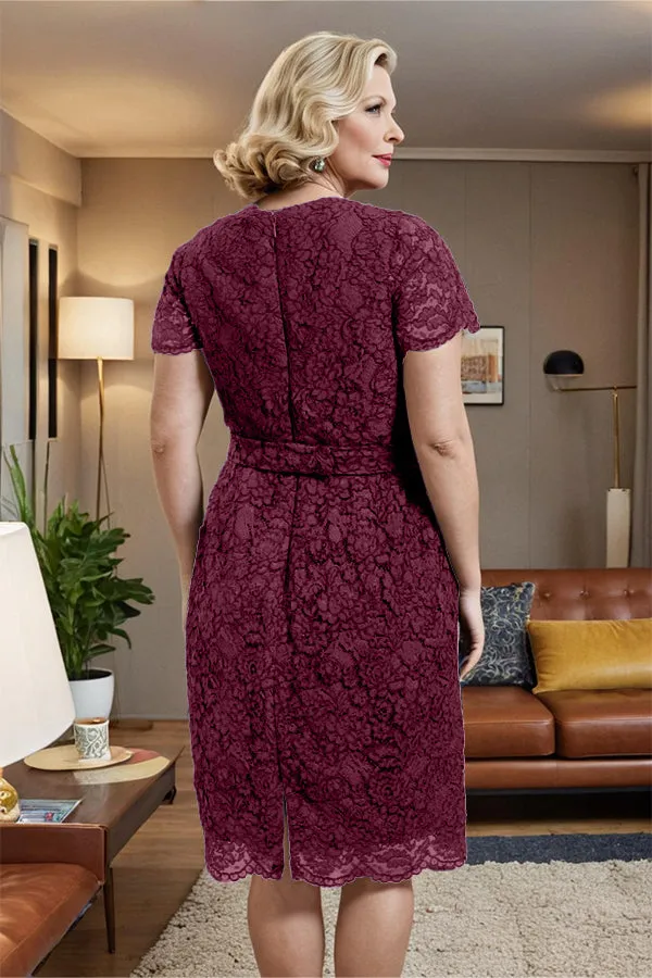 V-neck Short Sleeves Lace Mother of the Bride Dress with Belt