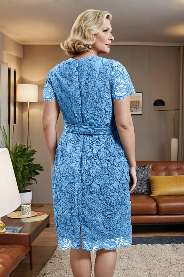 V-neck Short Sleeves Lace Mother of the Bride Dress with Belt