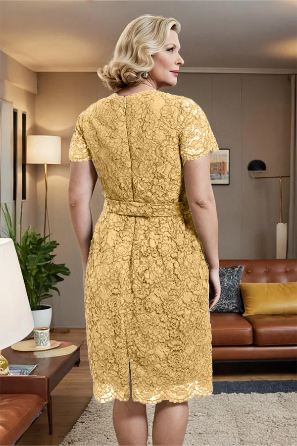V-neck Short Sleeves Lace Mother of the Bride Dress with Belt