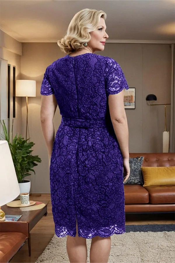 V-neck Short Sleeves Lace Mother of the Bride Dress with Belt