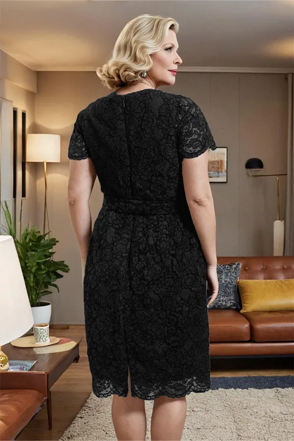 V-neck Short Sleeves Lace Mother of the Bride Dress with Belt
