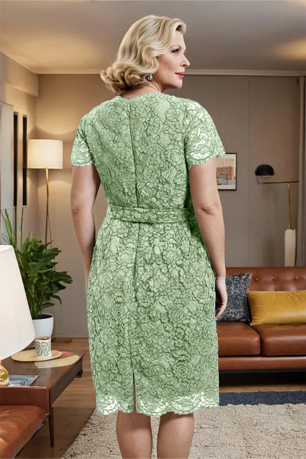 V-neck Short Sleeves Lace Mother of the Bride Dress with Belt