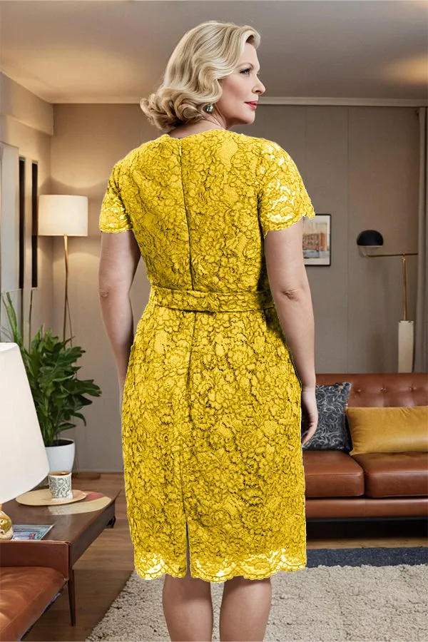 V-neck Short Sleeves Lace Mother of the Bride Dress with Belt