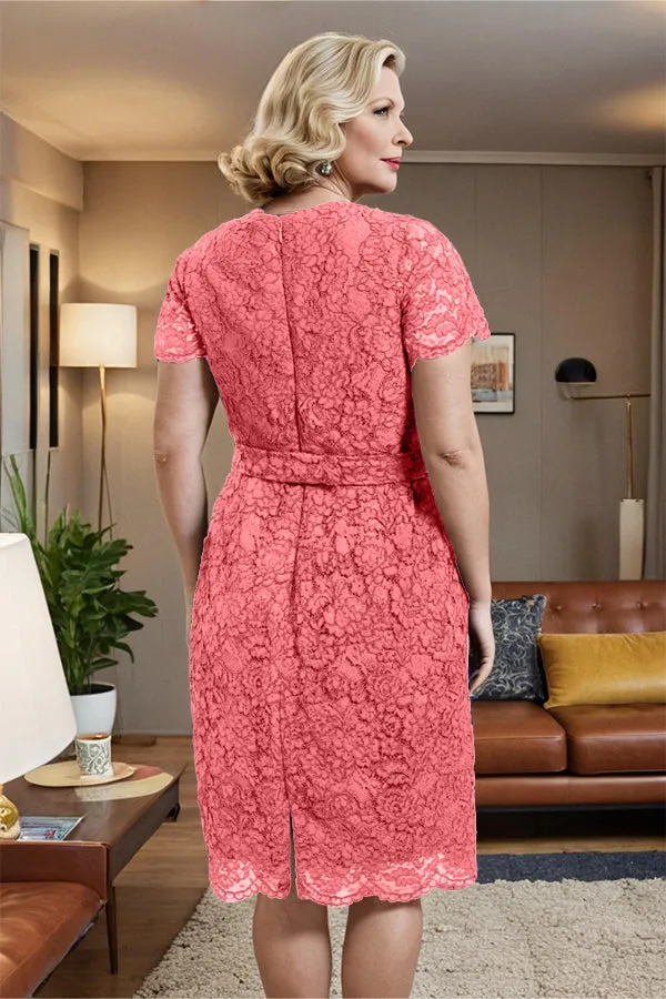 V-neck Short Sleeves Lace Mother of the Bride Dress with Belt