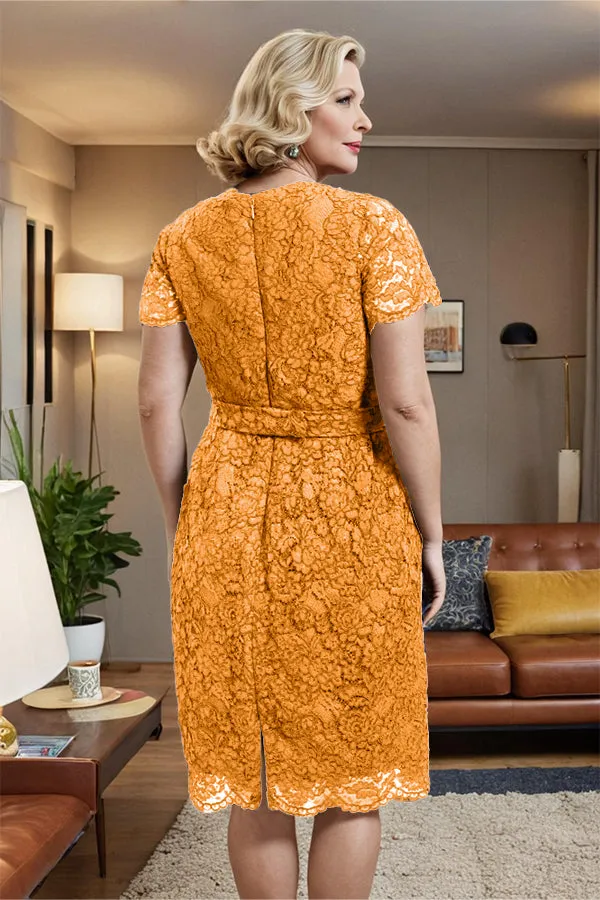 V-neck Short Sleeves Lace Mother of the Bride Dress with Belt