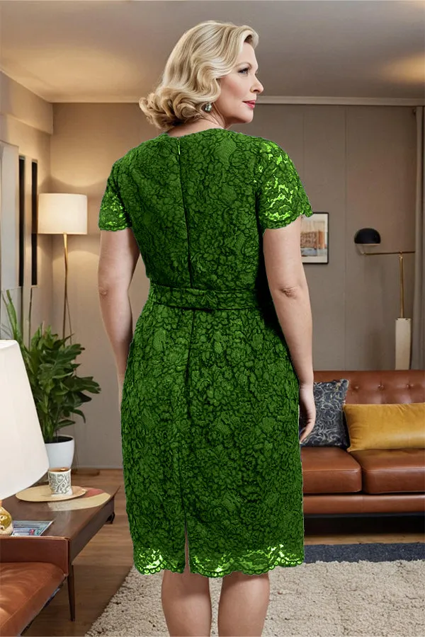 V-neck Short Sleeves Lace Mother of the Bride Dress with Belt