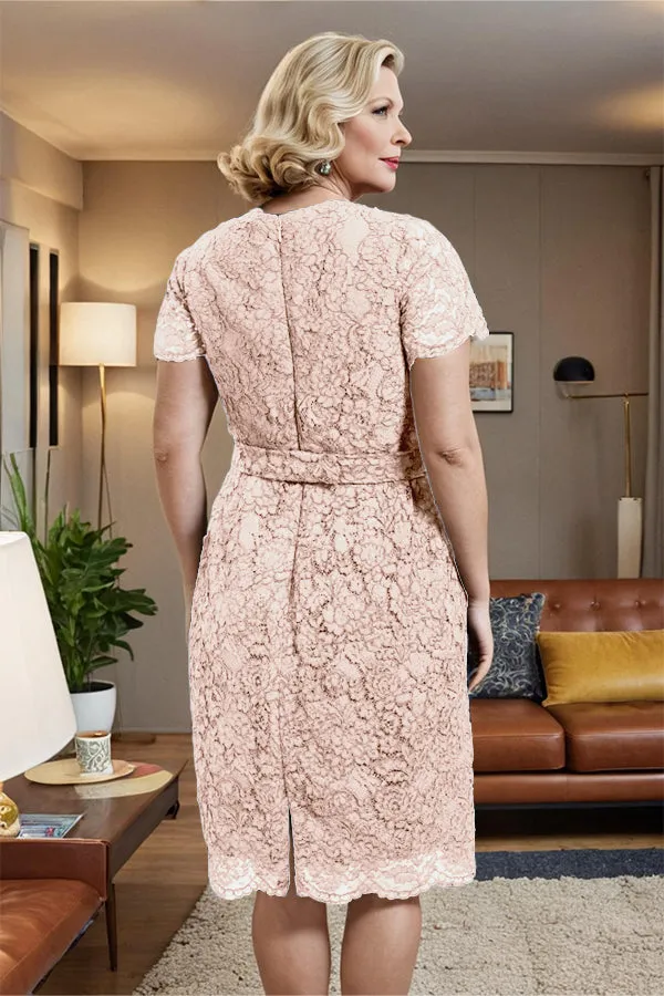 V-neck Short Sleeves Lace Mother of the Bride Dress with Belt