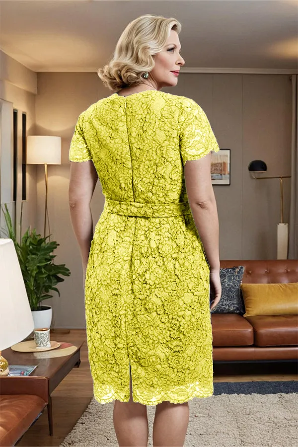 V-neck Short Sleeves Lace Mother of the Bride Dress with Belt