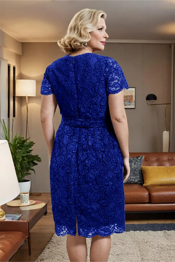V-neck Short Sleeves Lace Mother of the Bride Dress with Belt