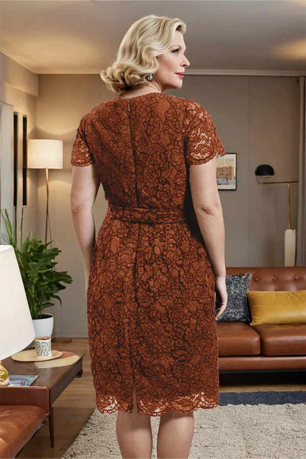 V-neck Short Sleeves Lace Mother of the Bride Dress with Belt