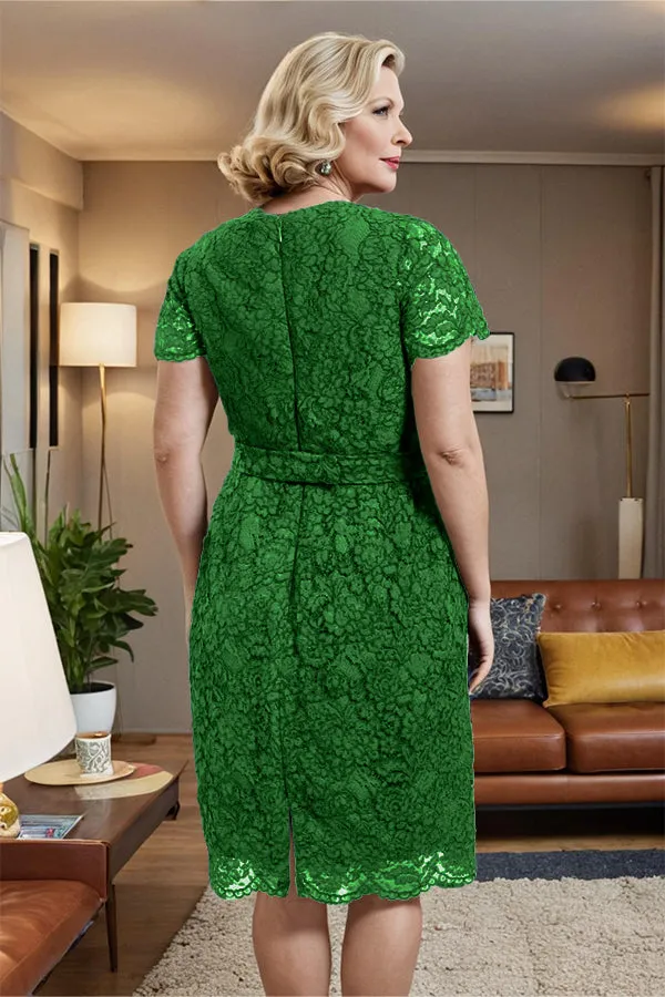 V-neck Short Sleeves Lace Mother of the Bride Dress with Belt