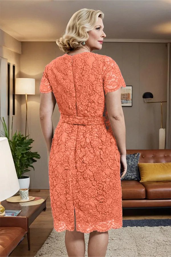 V-neck Short Sleeves Lace Mother of the Bride Dress with Belt