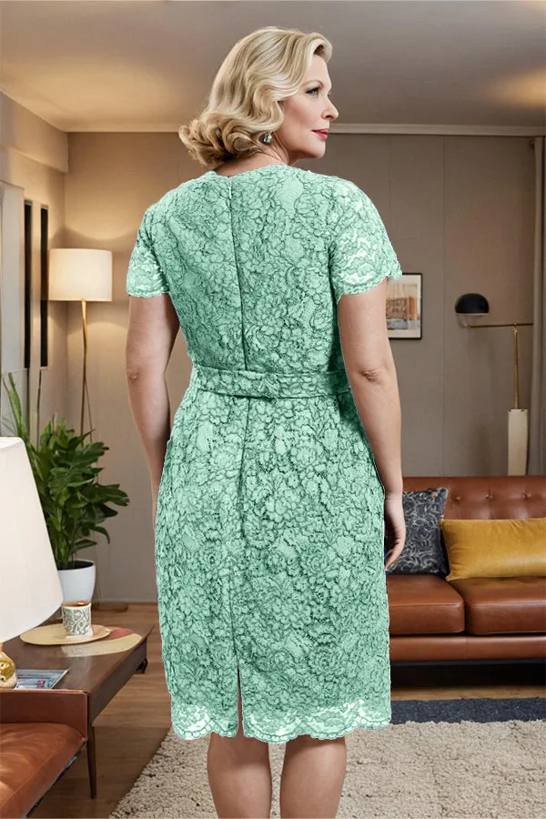 V-neck Short Sleeves Lace Mother of the Bride Dress with Belt
