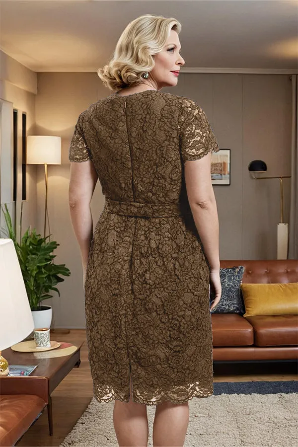 V-neck Short Sleeves Lace Mother of the Bride Dress with Belt