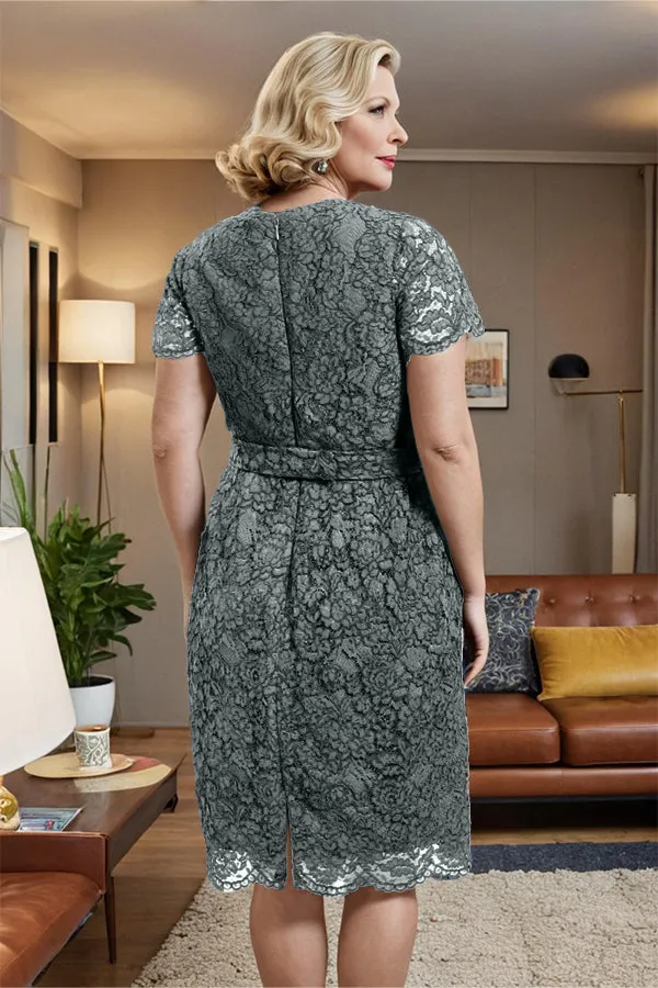 V-neck Short Sleeves Lace Mother of the Bride Dress with Belt