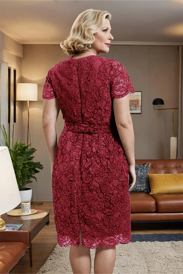 V-neck Short Sleeves Lace Mother of the Bride Dress with Belt
