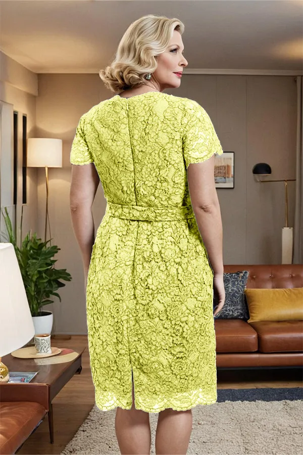 V-neck Short Sleeves Lace Mother of the Bride Dress with Belt