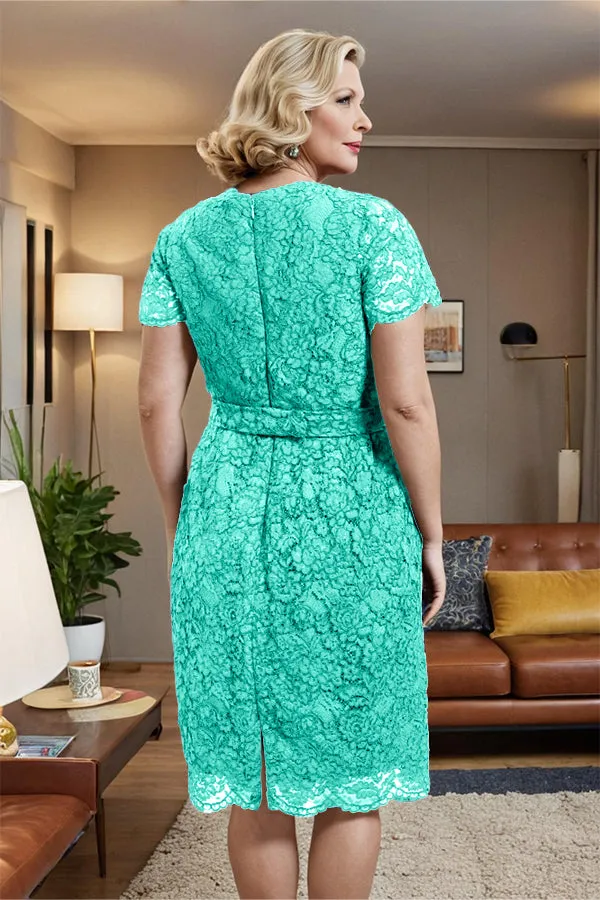 V-neck Short Sleeves Lace Mother of the Bride Dress with Belt