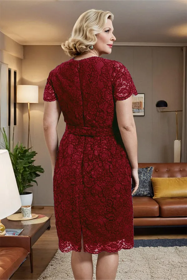V-neck Short Sleeves Lace Mother of the Bride Dress with Belt