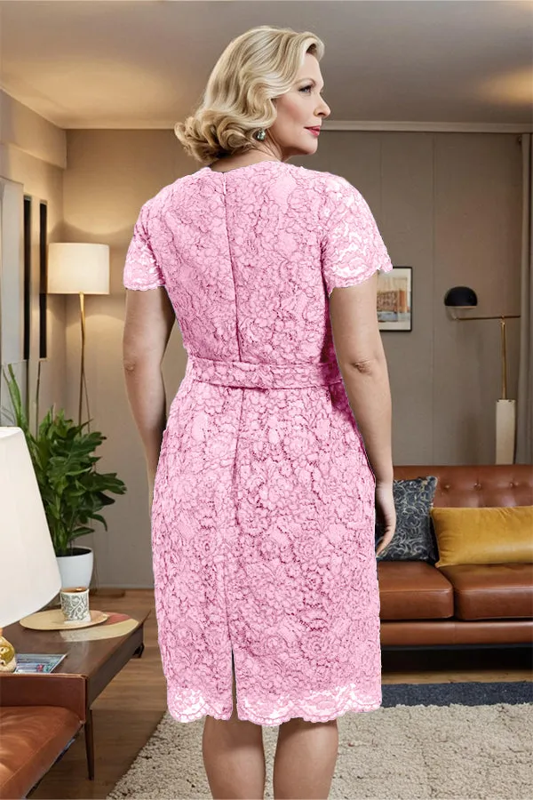 V-neck Short Sleeves Lace Mother of the Bride Dress with Belt