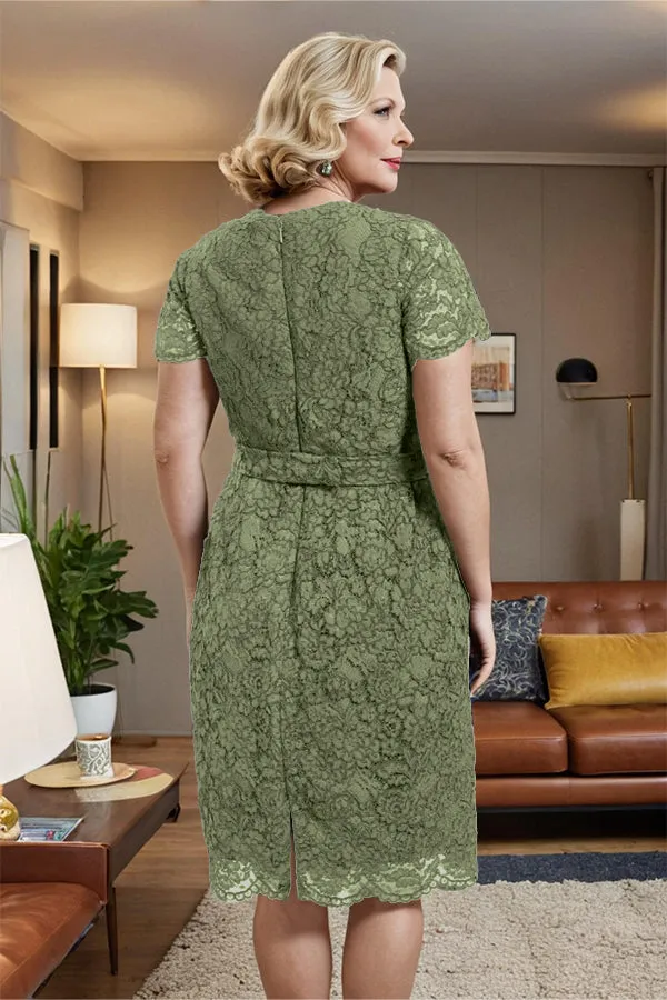 V-neck Short Sleeves Lace Mother of the Bride Dress with Belt