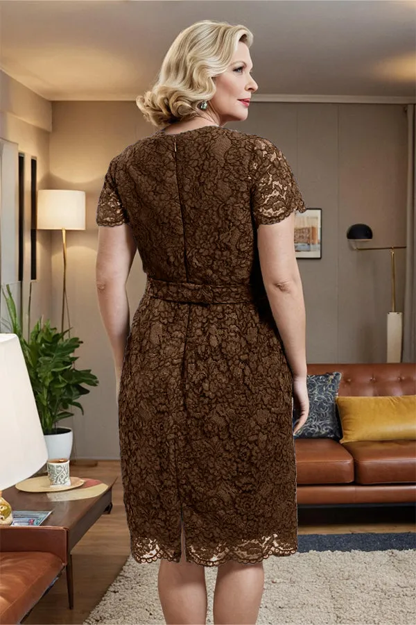V-neck Short Sleeves Lace Mother of the Bride Dress with Belt
