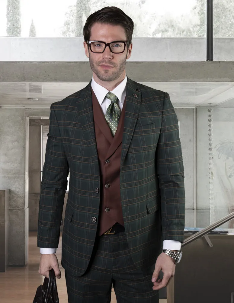 VIBRANT HUNTER 3 PC PLAID TAILORED FIT SUIT
