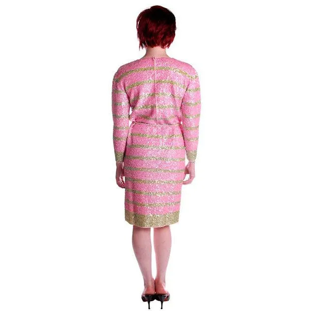 Vintage  Dress Pink & Green Sequin Sweater Gene Shelly 1960s Small Orig. Box