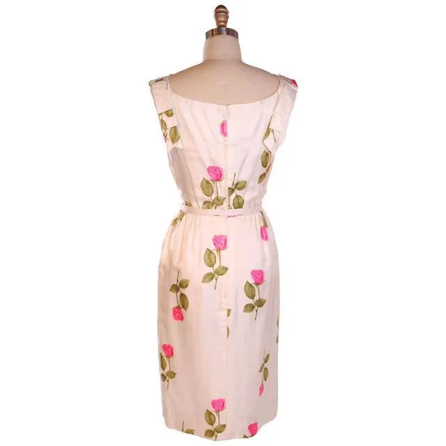Vintage Fitted Silk Roses Day Dress Nat Kaplan NOS 1950S 34-25-38