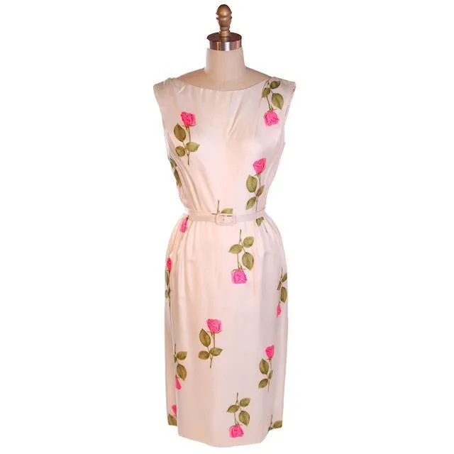 Vintage Fitted Silk Roses Day Dress Nat Kaplan NOS 1950S 34-25-38