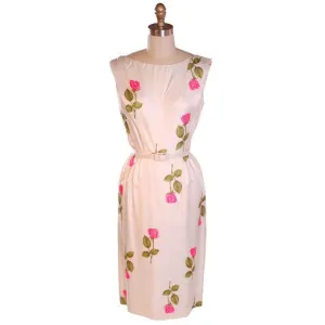 Vintage Fitted Silk Roses Day Dress Nat Kaplan NOS 1950S 34-25-38