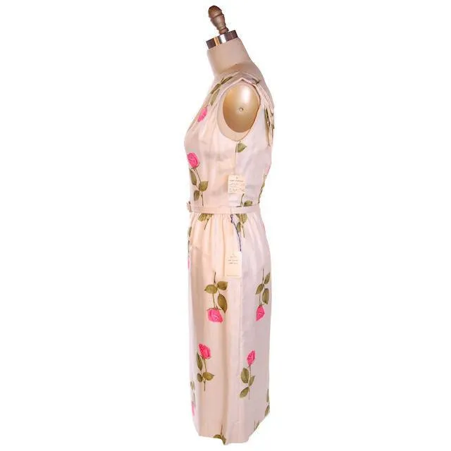 Vintage Fitted Silk Roses Day Dress Nat Kaplan NOS 1950S 34-25-38