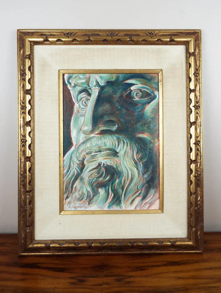 Vintage Oil on Board Portrait Painting Classical Male Figure by P Turbov 1970