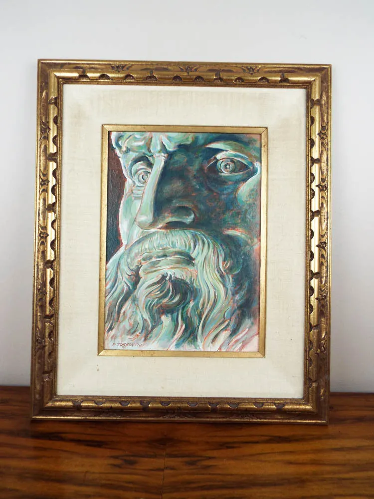 Vintage Oil on Board Portrait Painting Classical Male Figure by P Turbov 1970