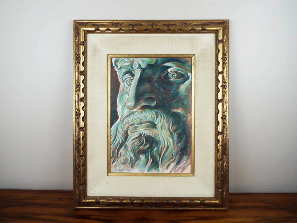 Vintage Oil on Board Portrait Painting Classical Male Figure by P Turbov 1970