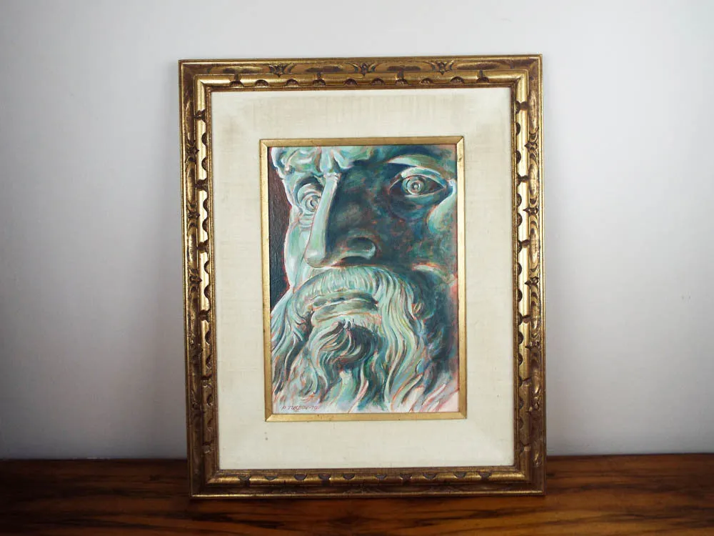 Vintage Oil on Board Portrait Painting Classical Male Figure by P Turbov 1970