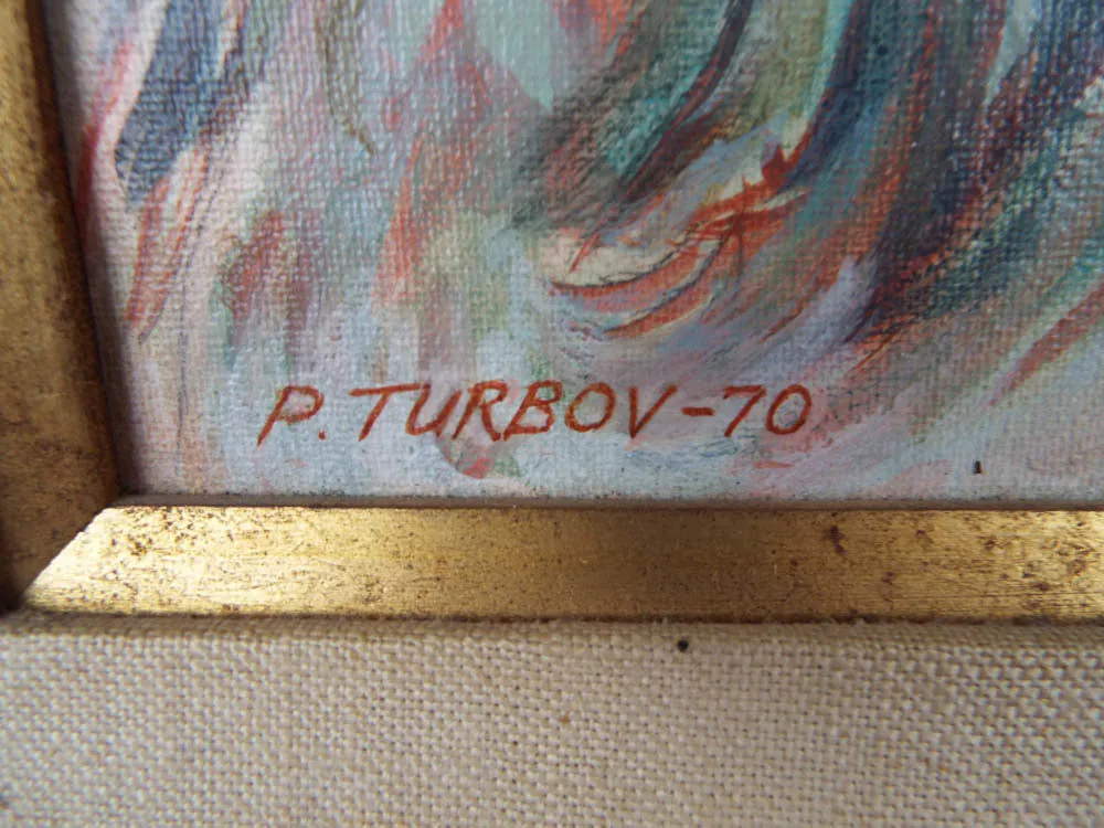 Vintage Oil on Board Portrait Painting Classical Male Figure by P Turbov 1970