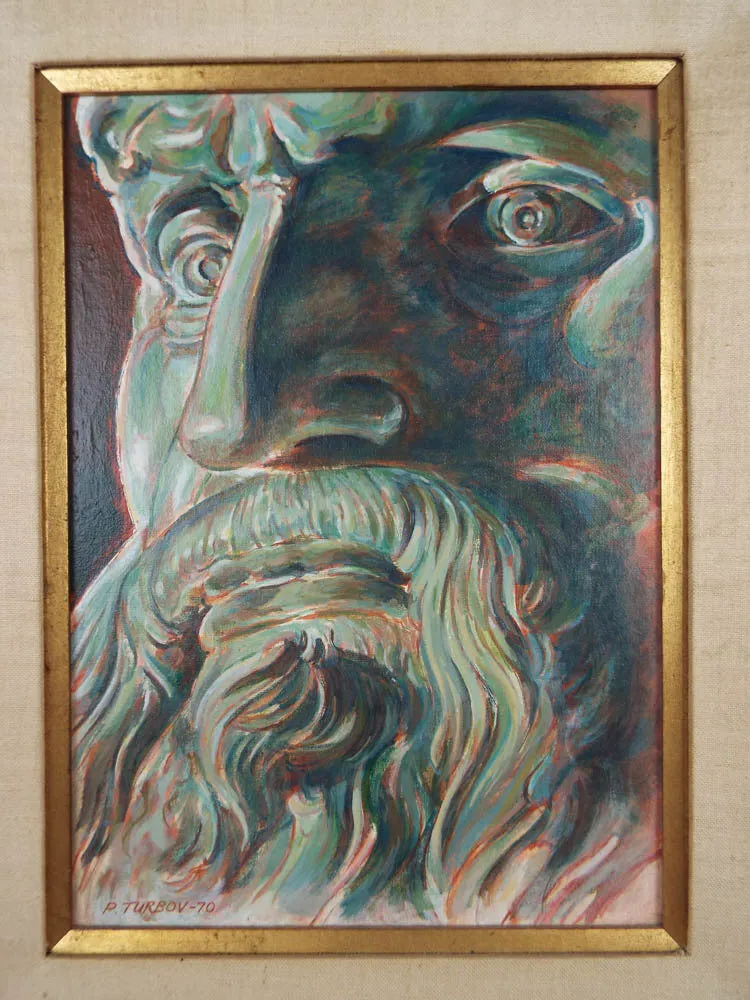 Vintage Oil on Board Portrait Painting Classical Male Figure by P Turbov 1970