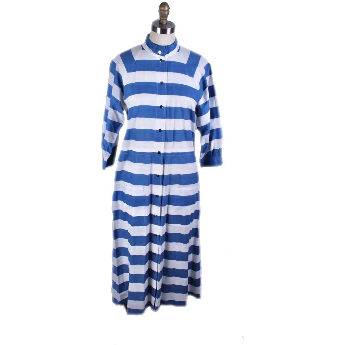 Vintage Vuokko Cotton Dress Blue & White Stripes Womens XS/S Snaps Coat-Dress