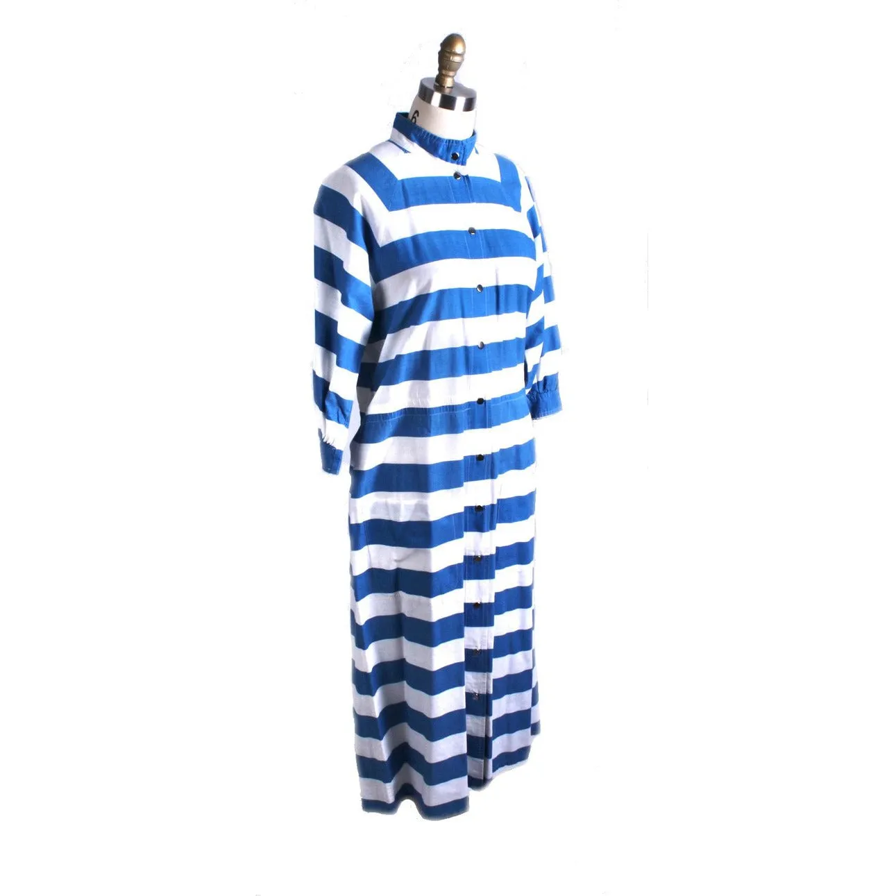 Vintage Vuokko Cotton Dress Blue & White Stripes Womens XS/S Snaps Coat-Dress
