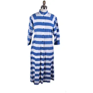 Vintage Vuokko Cotton Dress Blue & White Stripes Womens XS/S Snaps Coat-Dress