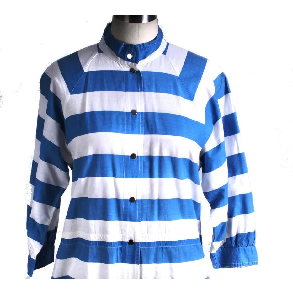 Vintage Vuokko Cotton Dress Blue & White Stripes Womens XS/S Snaps Coat-Dress