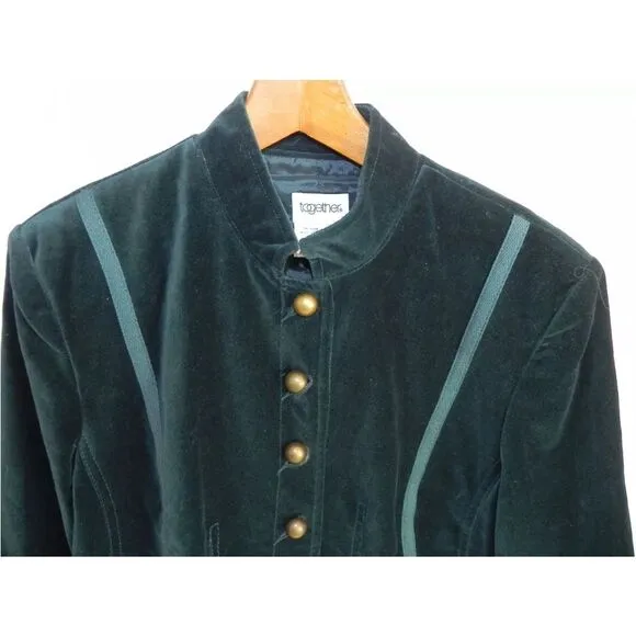 Vintage 90s Velvet Military Button Teal Blue Fitted Breast Blazer Jacket 4 XS