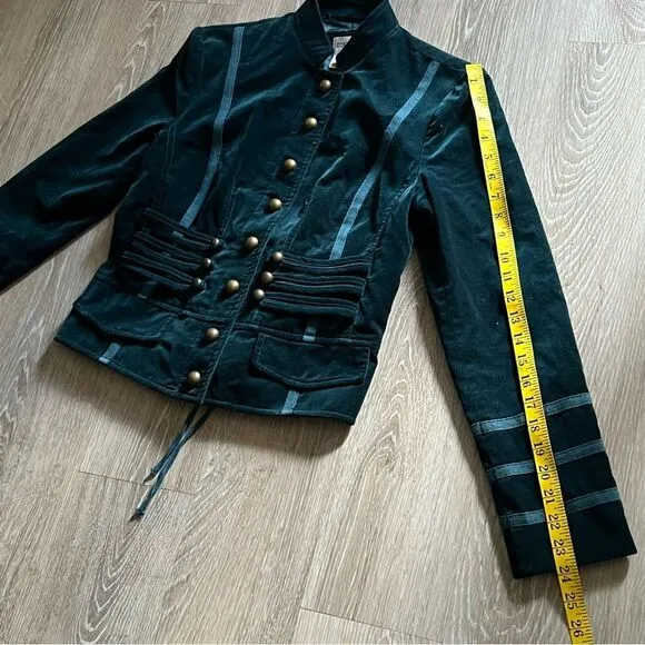 Vintage 90s Velvet Military Button Teal Blue Fitted Breast Blazer Jacket 4 XS