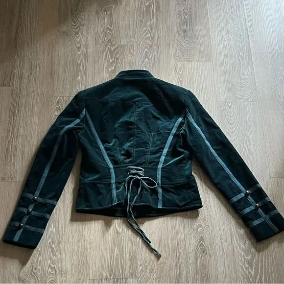 Vintage 90s Velvet Military Button Teal Blue Fitted Breast Blazer Jacket 4 XS